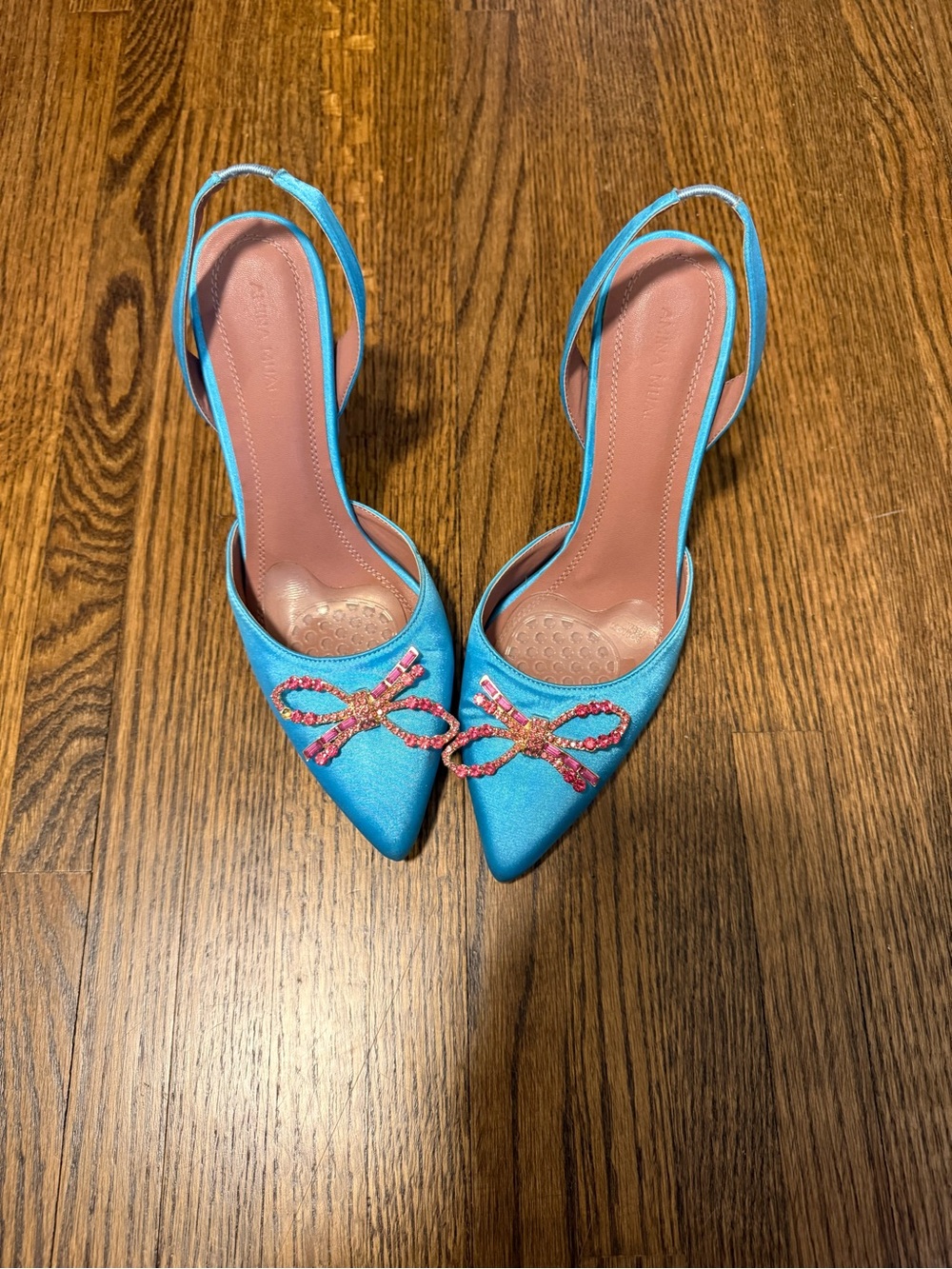 “Amina Muaddi” Women's Blue Pointed Toe Slingback Heels with Bow